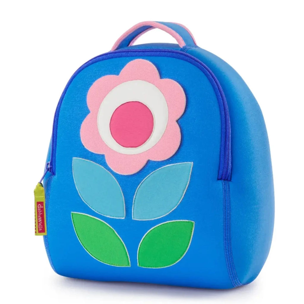 Washable  Dabbawalla Pre-School/Elementary School Backpack in Blue with Flower Motif - front