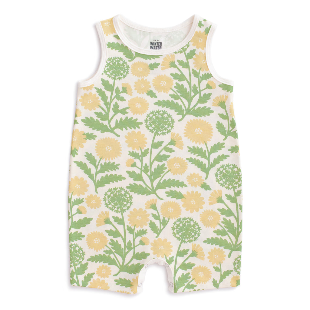 Yellow all-over dandelions on a tank top all cotton infant romper.  Snaps at legs