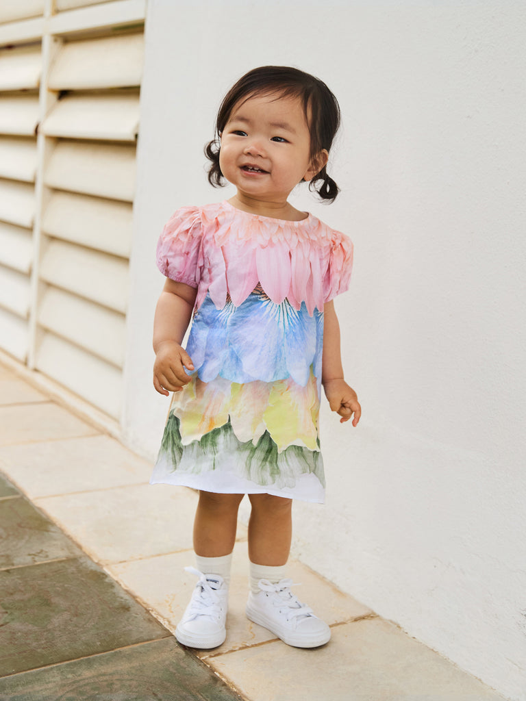 Gorgeous petal print infant girls dress | cap sleeves with elastic | a-line 