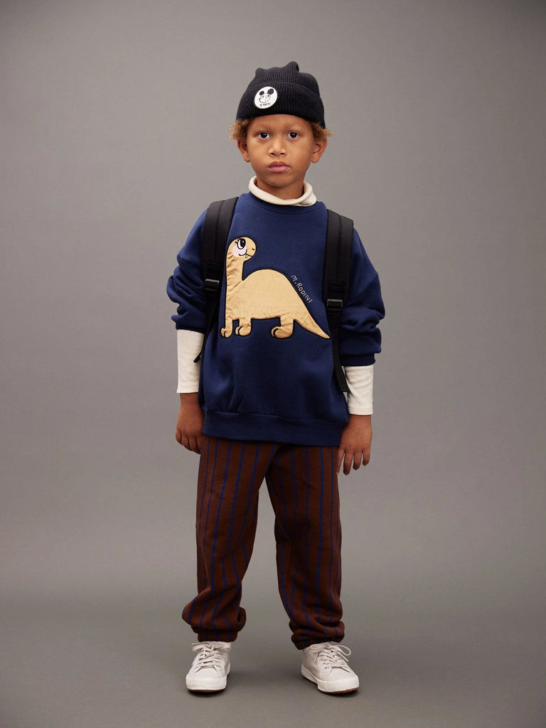 Mini Rodini Satin Dinosaur Sweatshirt | dark navy | ribbed at neck, wrist, waist | superb quality | Kids sizes | back of top