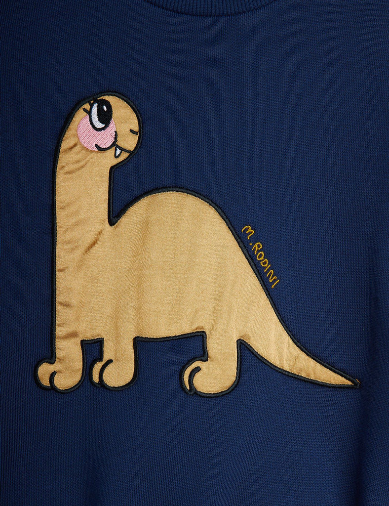 Mini Rodini Satin Dinosaur Sweatshirt | dark navy | ribbed at neck, wrist, waist | superb quality | Kids sizes | closeup
