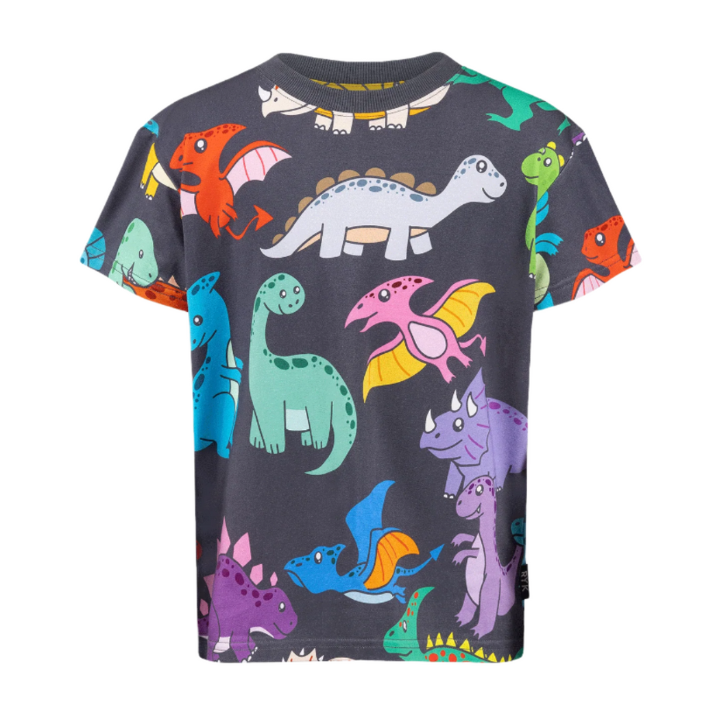 All cotton, dinosaur print short sleeve tee | crew neck | front