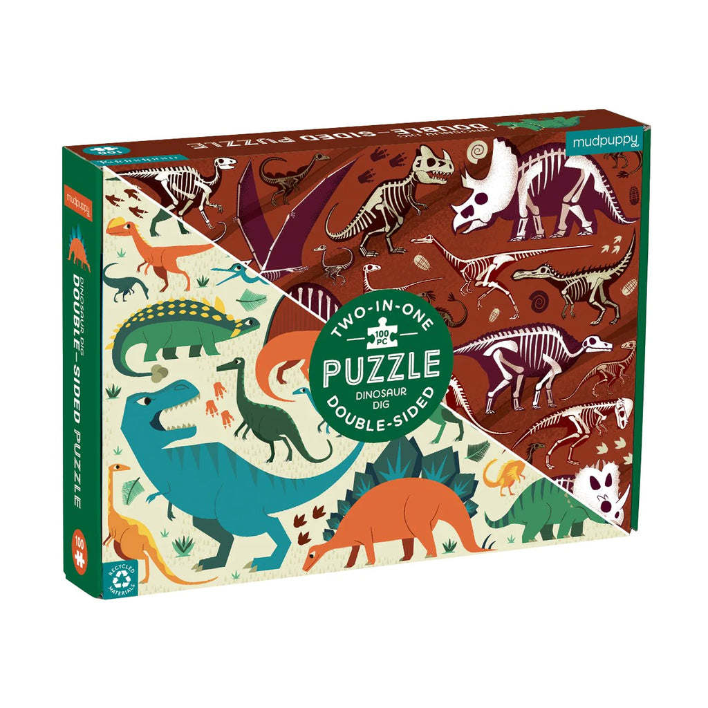 Dinosaur Dig 100 Piece Puzzle | 2 sided | Dinosaur one side / Skeletons on the other