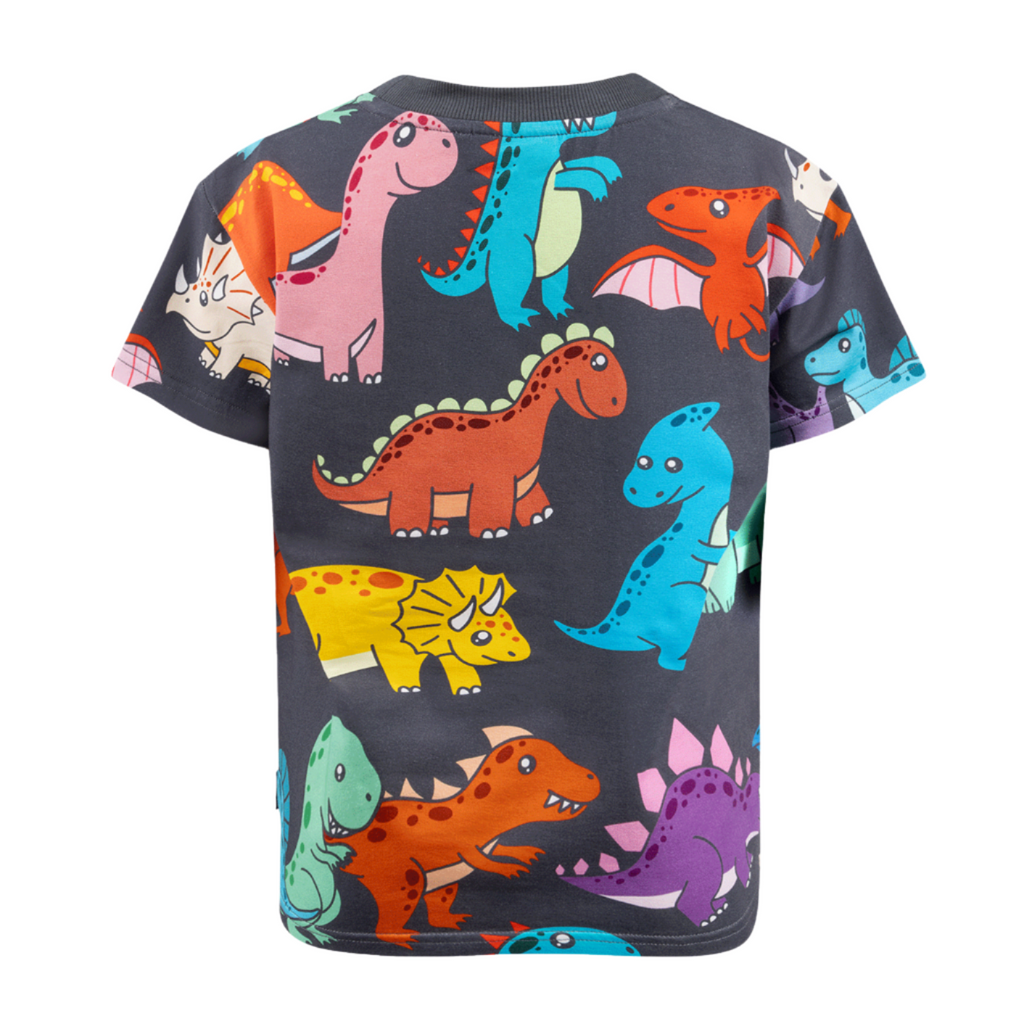 All cotton, dinosaur print short sleeve tee | sizes 2-7 yrs | crew neck | back