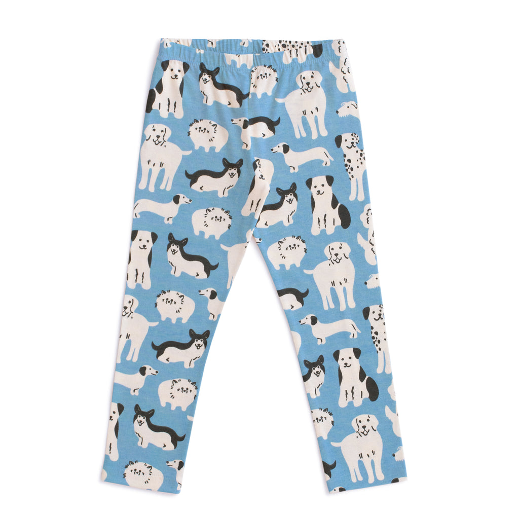 Dog print on blue leggings | organic cotton | elastic waist | fun pant for the fun loving kid