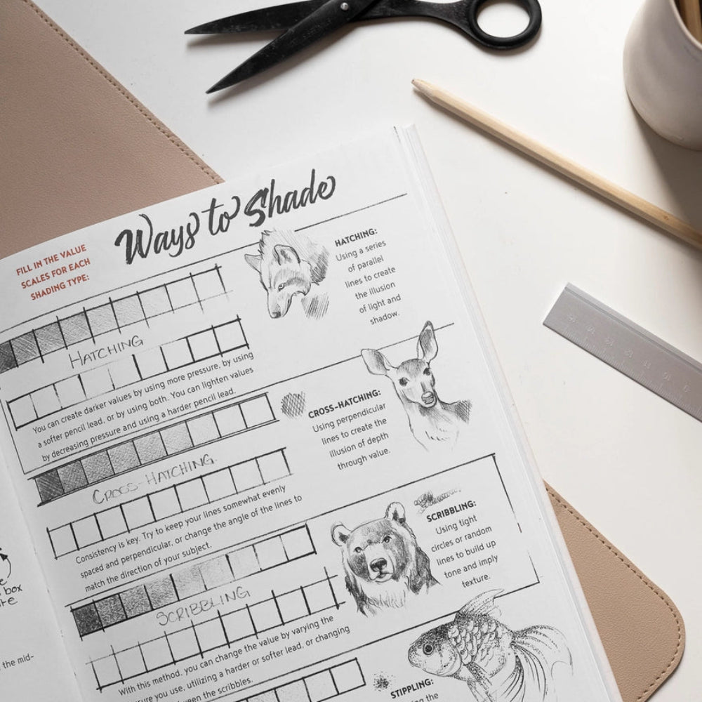 Artists Drawing Book | Learn how to Draw, Sketch, Shade and more | Easy lessons & practice pages | For all Ages | over 200 pages | for beginners to experienced | 9"x11" | sample page