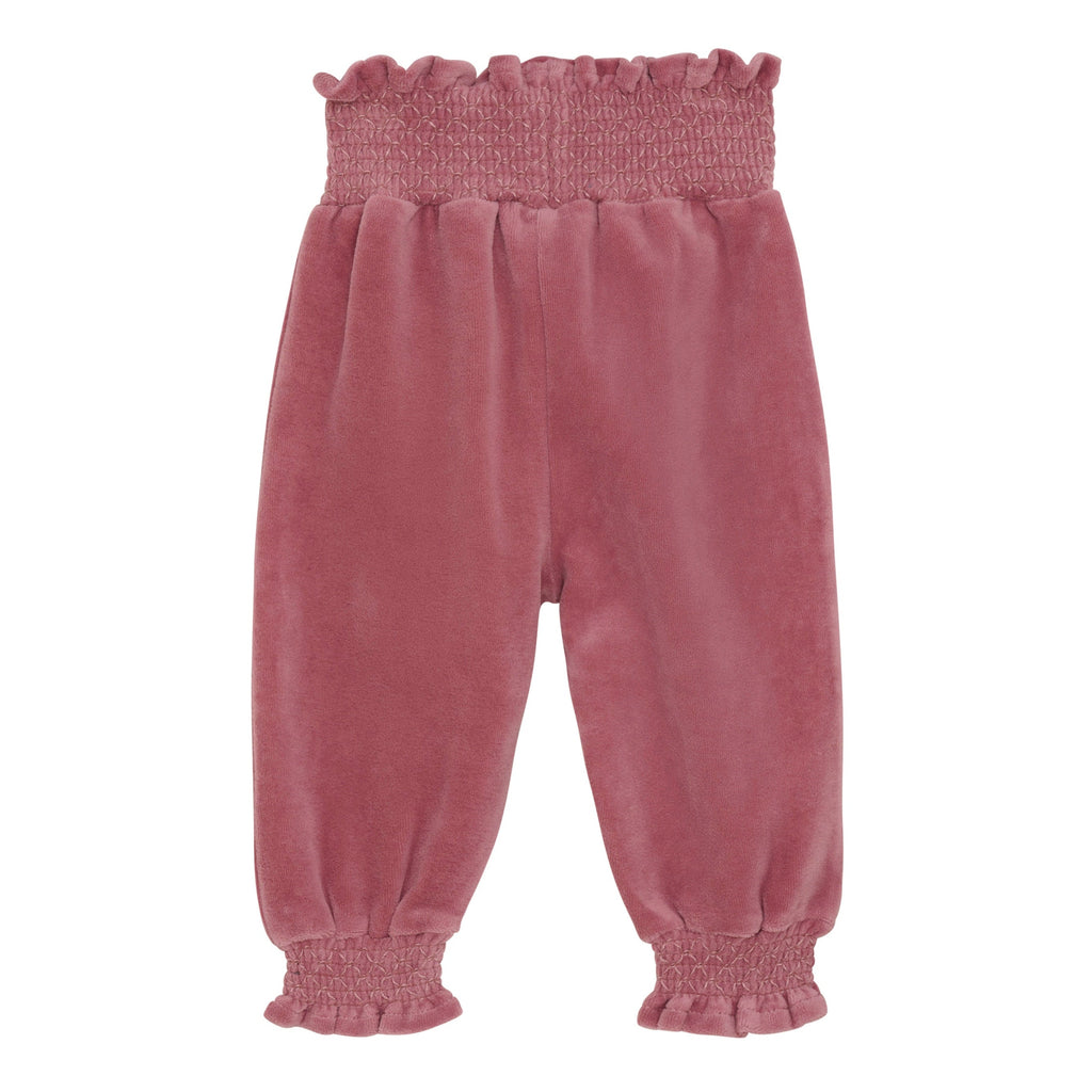 Soft pink velour pant | wide stretchy ruched waist for comfort | ruched at ankles | certified organic cotton | infant/toddler sizes | back of pant