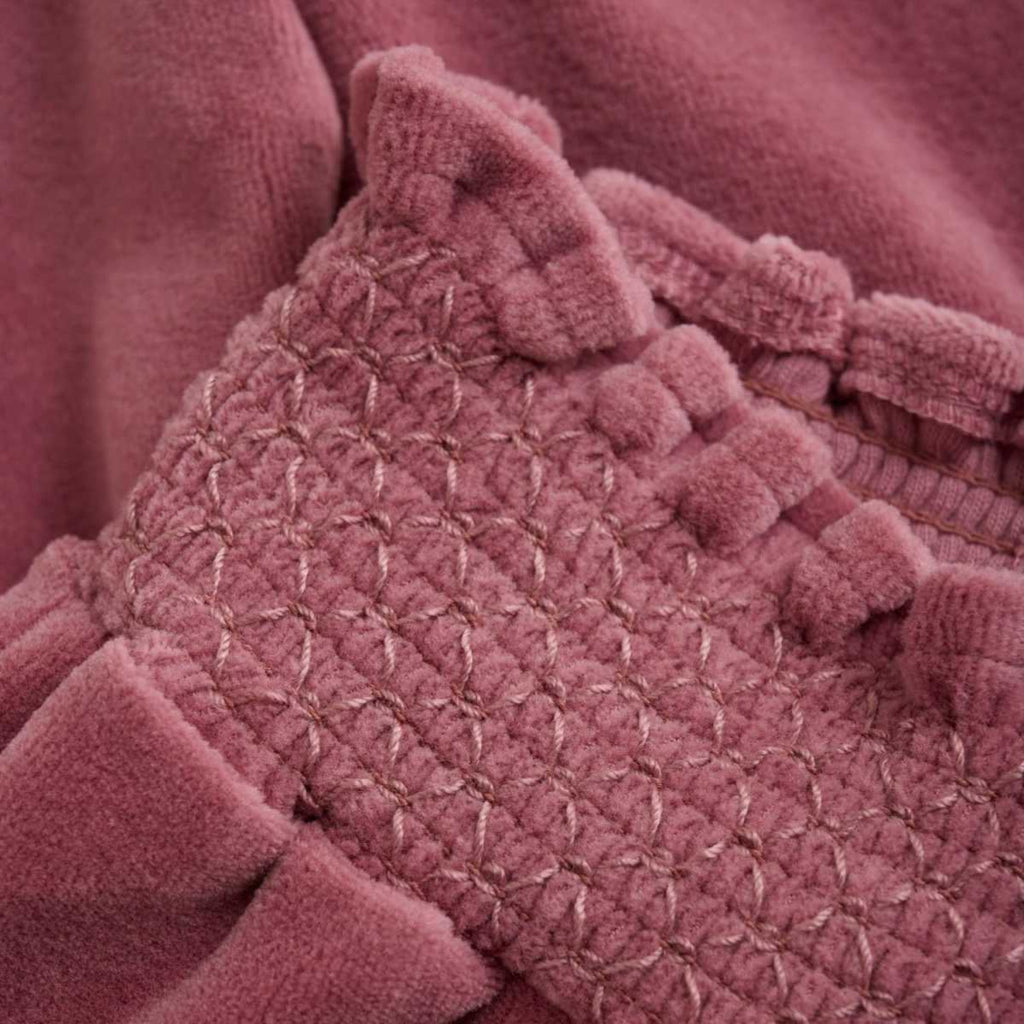 Soft pink velour pant | wide stretchy ruched waist for comfort | ruched at ankles | certified organic cotton | infant/toddler sizes | ruched close up