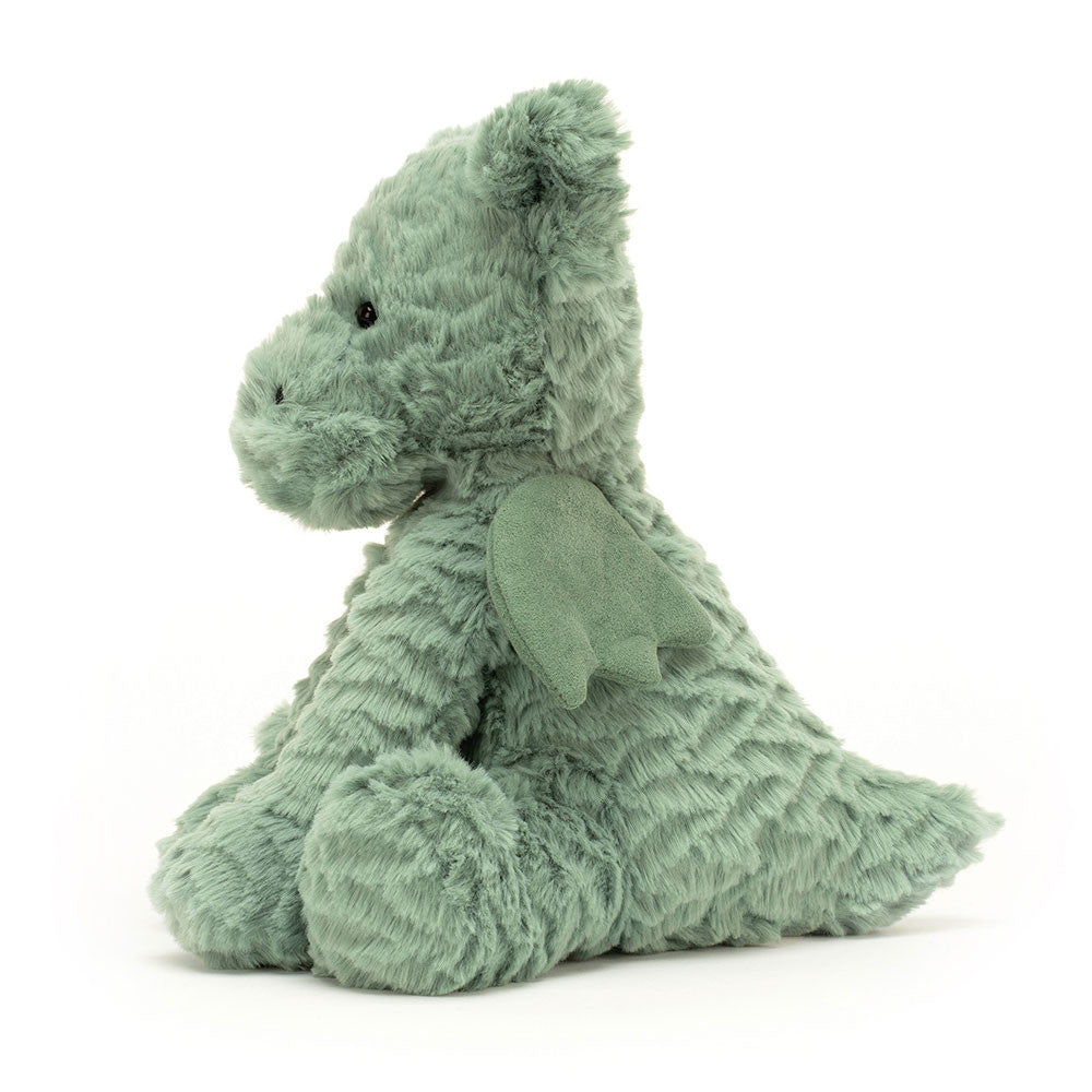 Fuddlewuddle Dragon in sage green scaled fur! | 9"h x 5" tall | smooth suede-like wings | side view
