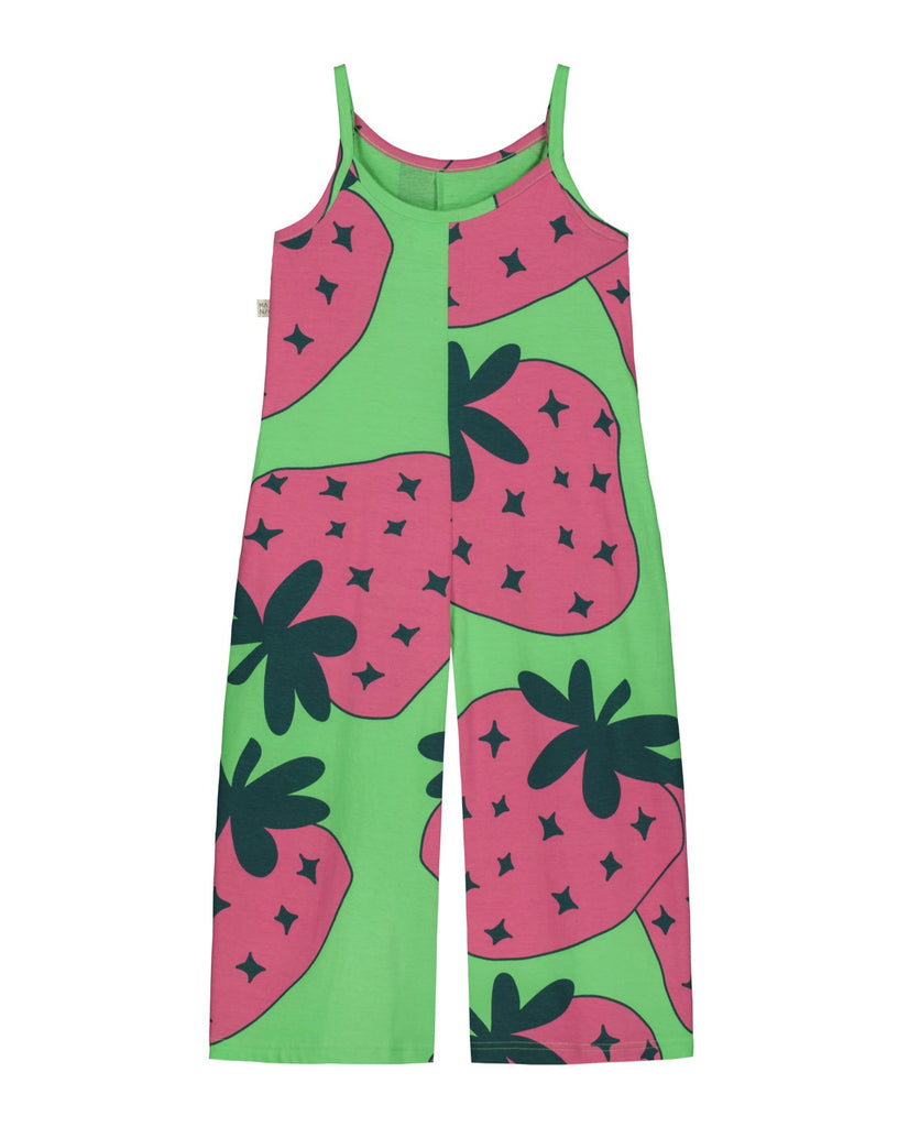 Giant strawberry print girls jumpsuit | strappy top | side pockets | oversize fit | back