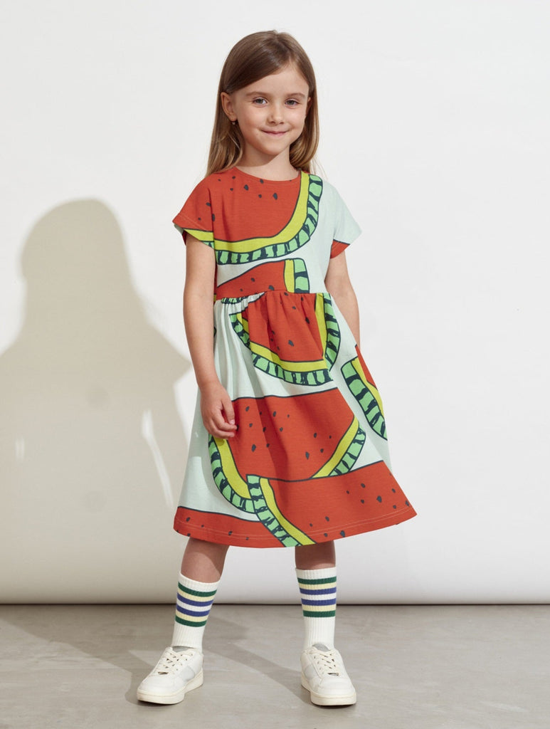 Giant watermelon print girls dress  gathered at waist \ fuller skirt | cap sleeve| 