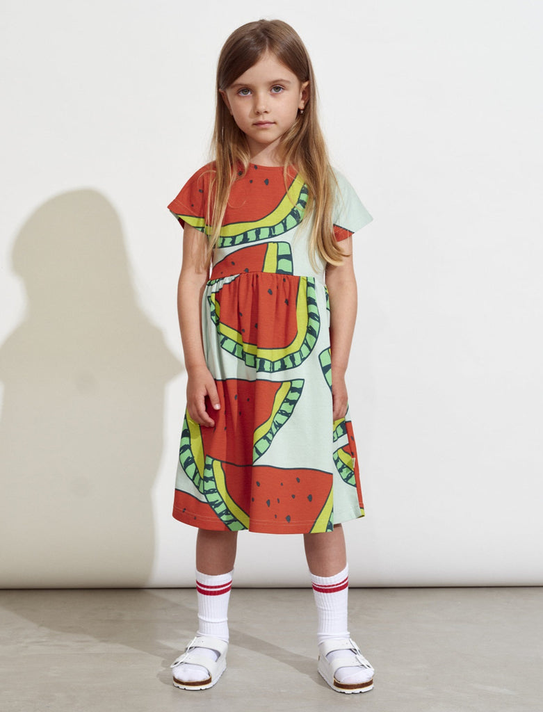 Giant watermelon print girls dress  gathered at waist \ fuller skirt | cap sleeve| 