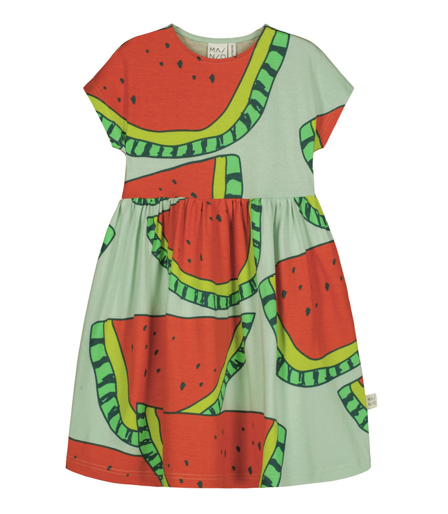 Giant watermelon print girls dress  gathered at waist \ fuller skirt | cap sleeve| 