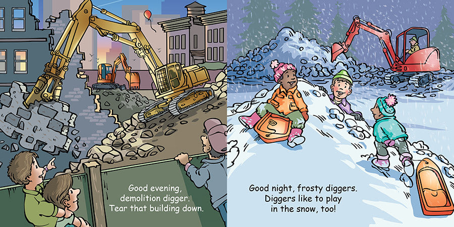 Good Night Diggers features mini diggers, crawlers, suction diggers, wheeled diggers and many more. Welcome to the land of diggers. Ages 0-5 yrs. 24 pages. Board book. sample page