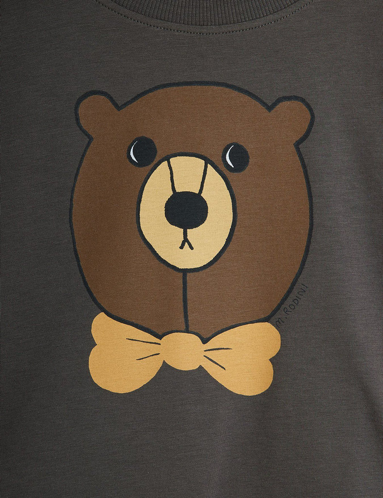 Long sleeve cotton tee | bear graphic with bow tie on front | round neck | open at wrist & waist | generous fit | graphic closeup