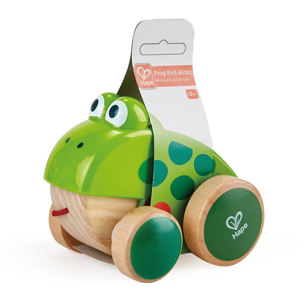 Pull Aong Frog | mouth opens and closes as he walks | rubber around wheels for grip | For 12 months and older | packaging