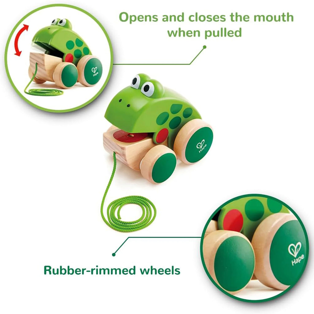 Pull Aong Frog | mouth opens and closes as he walks | rubber rimmed wheels for grip | For 12 months and older