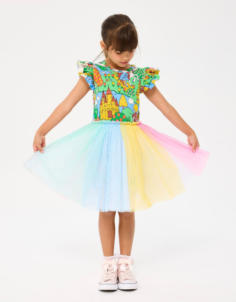 Magic land print dress | cotton jersey bodice | rainbow tulle skirt | ruffled at shoulder | sizes 2-8 yrs
