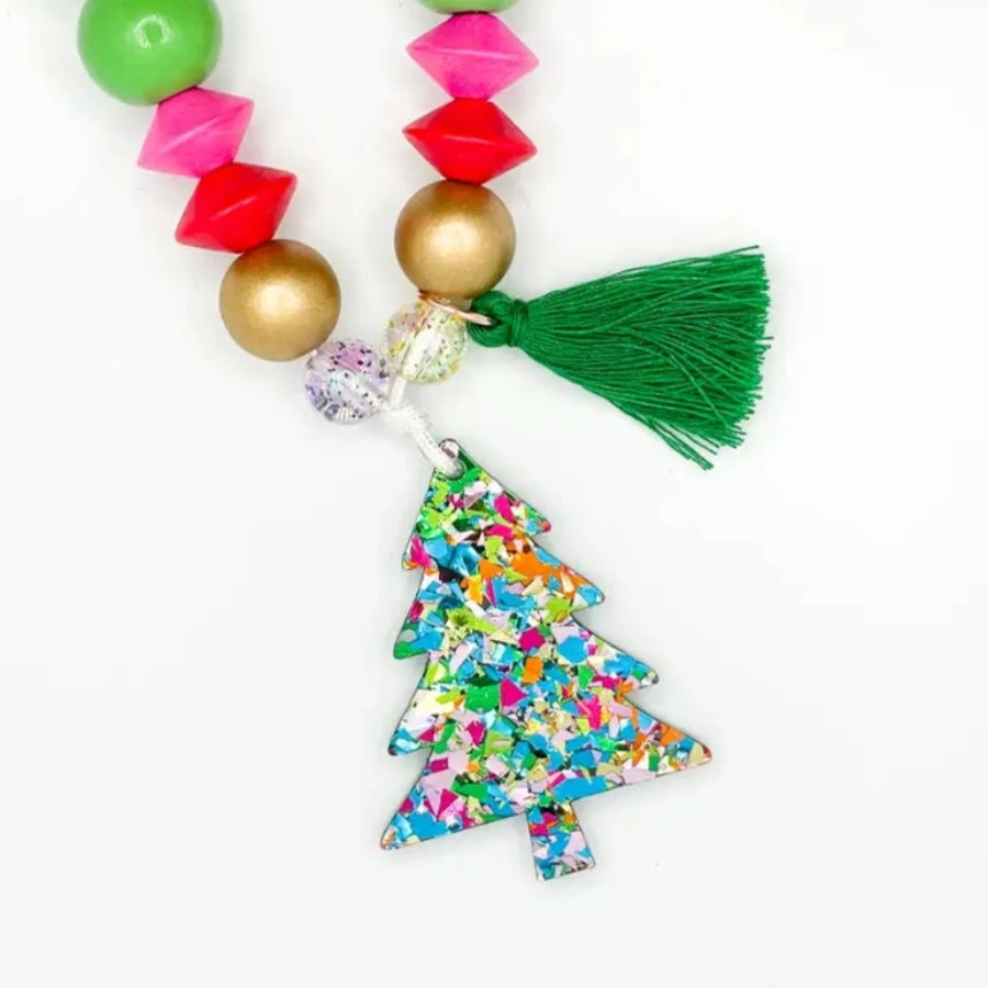 Hazel & Ollie Kids Christmas Tree Bead Necklace | for Ages 2+ | wood & acrylic beads | acrylic tree charm - closeup