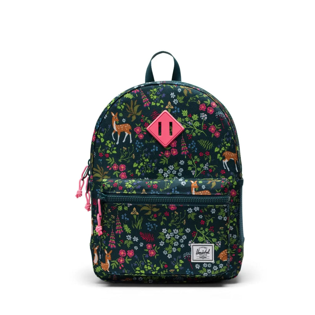 Toddler Woodland Deer on dark green backpack | bottle holder | 15L size | front pocket | front view