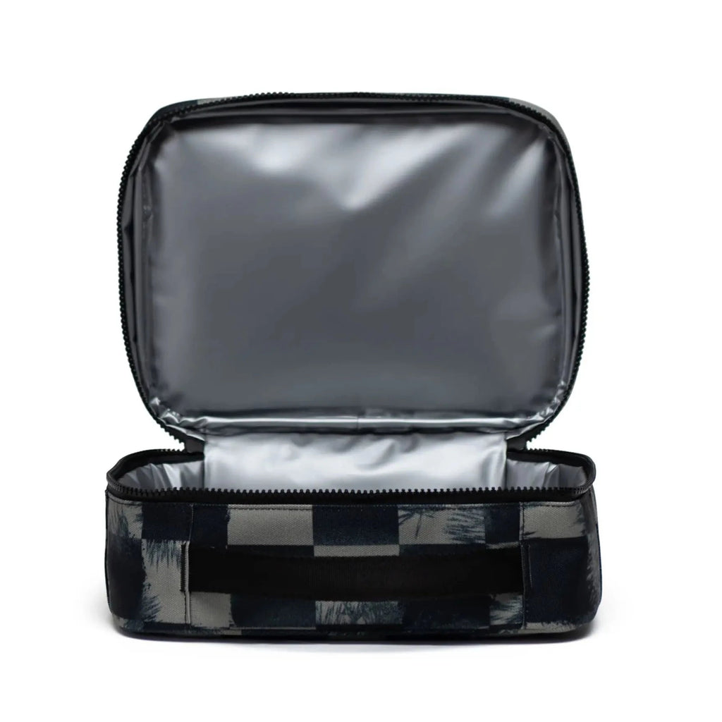 Herschel Pop Quiz Lunch Box in Black Stencil check | recycled fabrics | 8"(H) x 10.25"(W) x 4"(D) | easy wipe interior | zip close | front zip pocket  - interior
