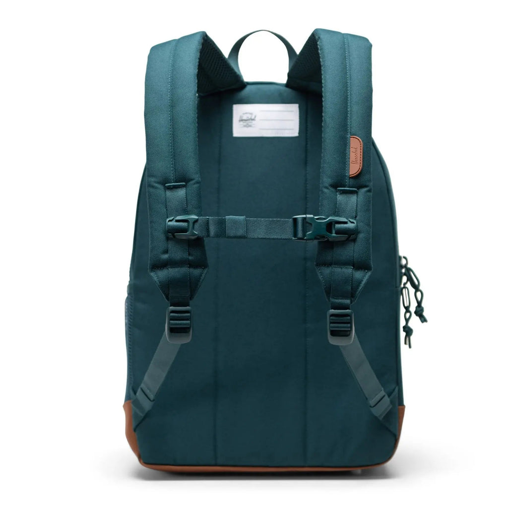 Herschel Youth Dark Sea/Saddle Brownn backpack | bottle holder | laptop sleeve | front pocket | back of pack