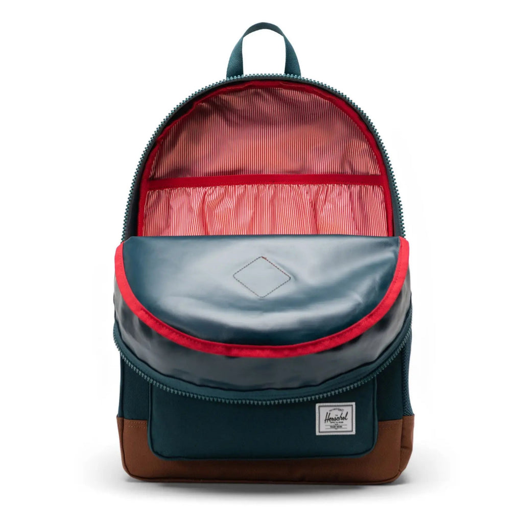 Herschel Youth Dark Sea/Saddle Brownn backpack | bottle holder | laptop sleeve | front pocket | interior