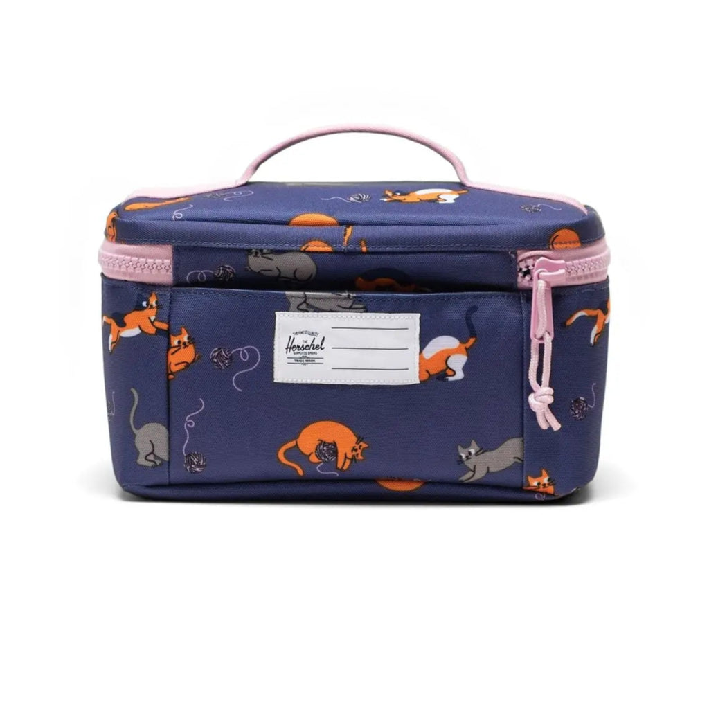 Herschel Lunch Box Little is designed to fit inside the Herschel heritage backpacks. This design is dark purple with playing cats print. Back