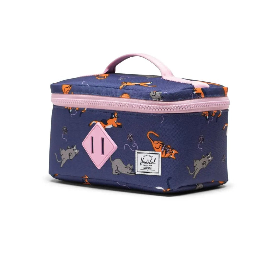 Herschel Lunch Box Little is designed to fit inside the Herschel heritage backpacks. This design is dark purple with playing cats print. Side