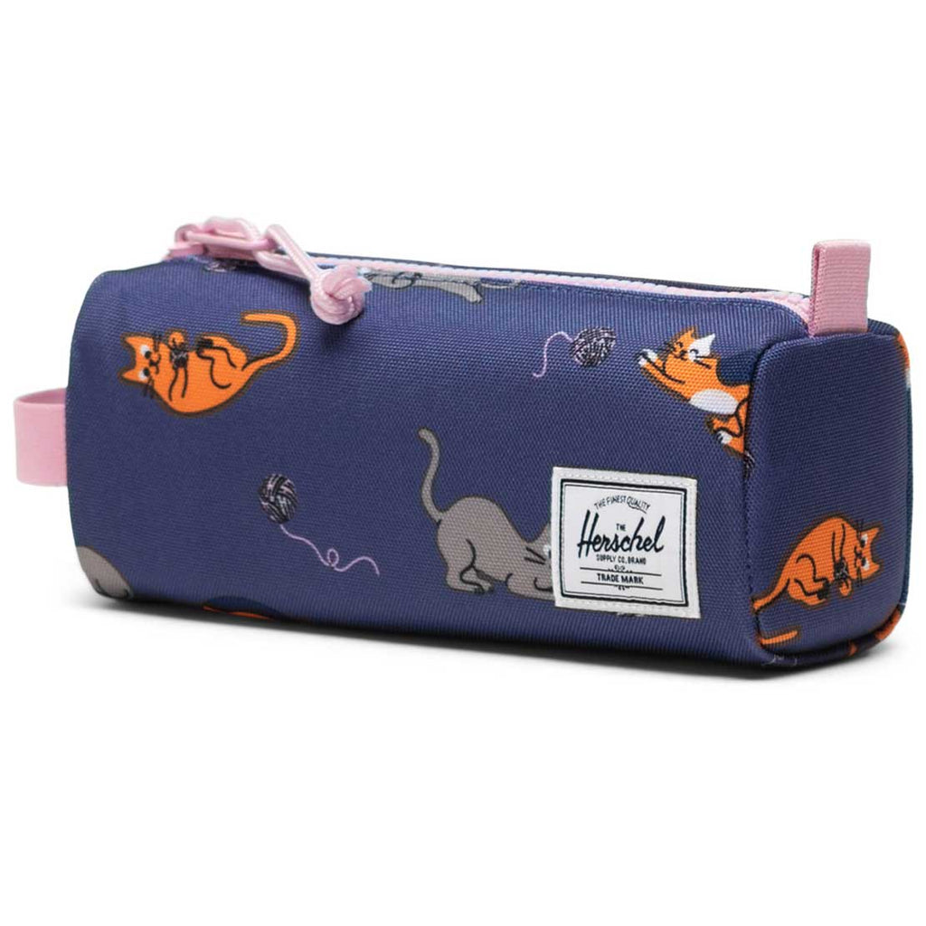 Playing cats print Herschel pencil case | purple case, pink accents