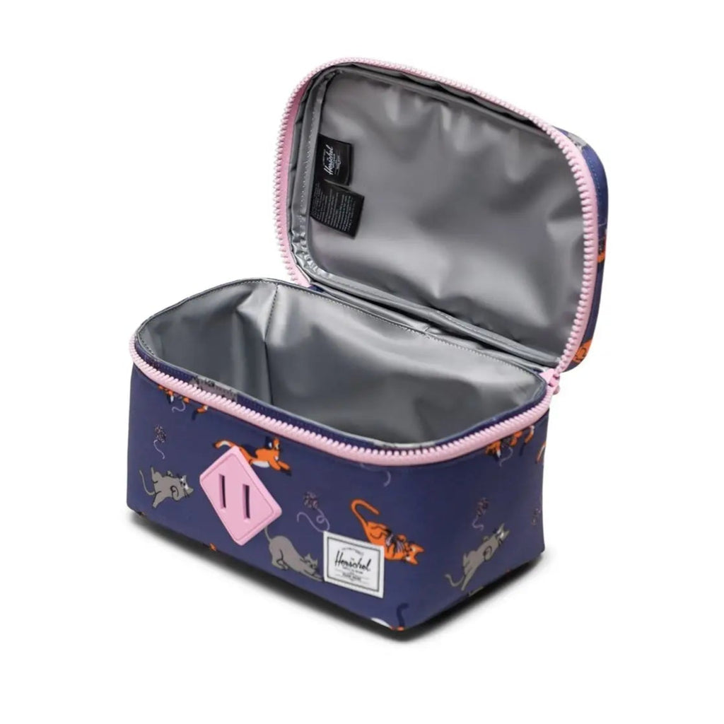 Herschel Lunch Box Little is designed to fit inside the Herschel heritage backpacks. This design is dark purple with playing cats print. Side