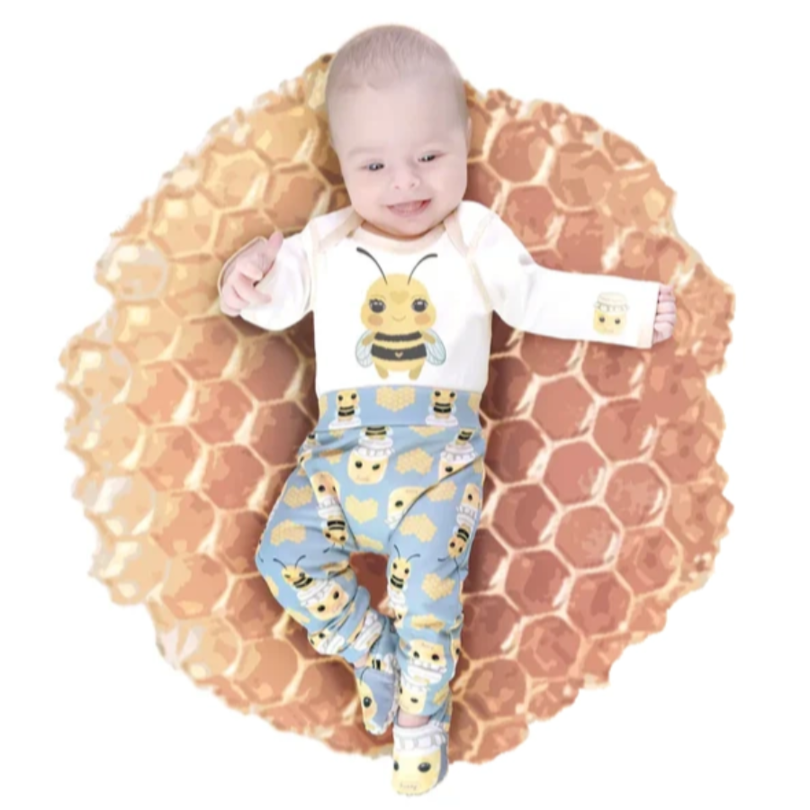 Bee print harem style infant pant | light blue with yellow bees and honey jars | comfortable wide elasticized waist & ankles  
