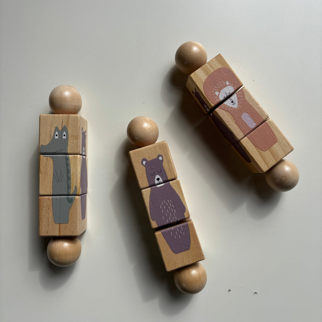 3 section infant wood toy | each section turn to complete an animal picture | ages 1 and up