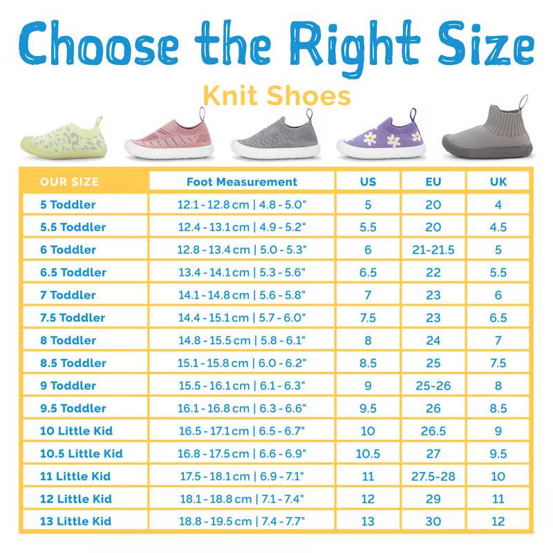 Jan & Jul Knit Pull-on Shoe Size Chart