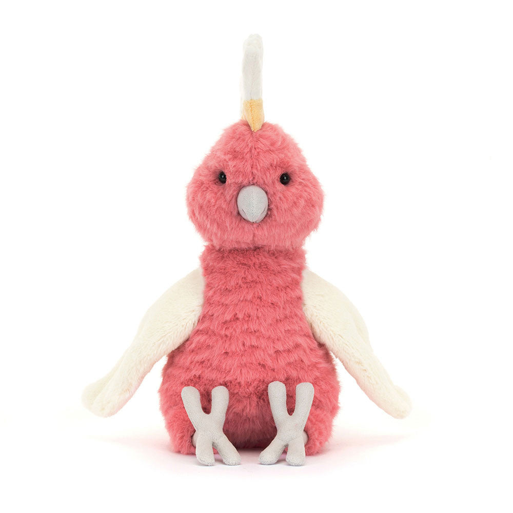 Jellycat Squawkatoo stuffie | 9.8in x 4.3in | Sitting Height 8.7" | hard eyes  | front view
