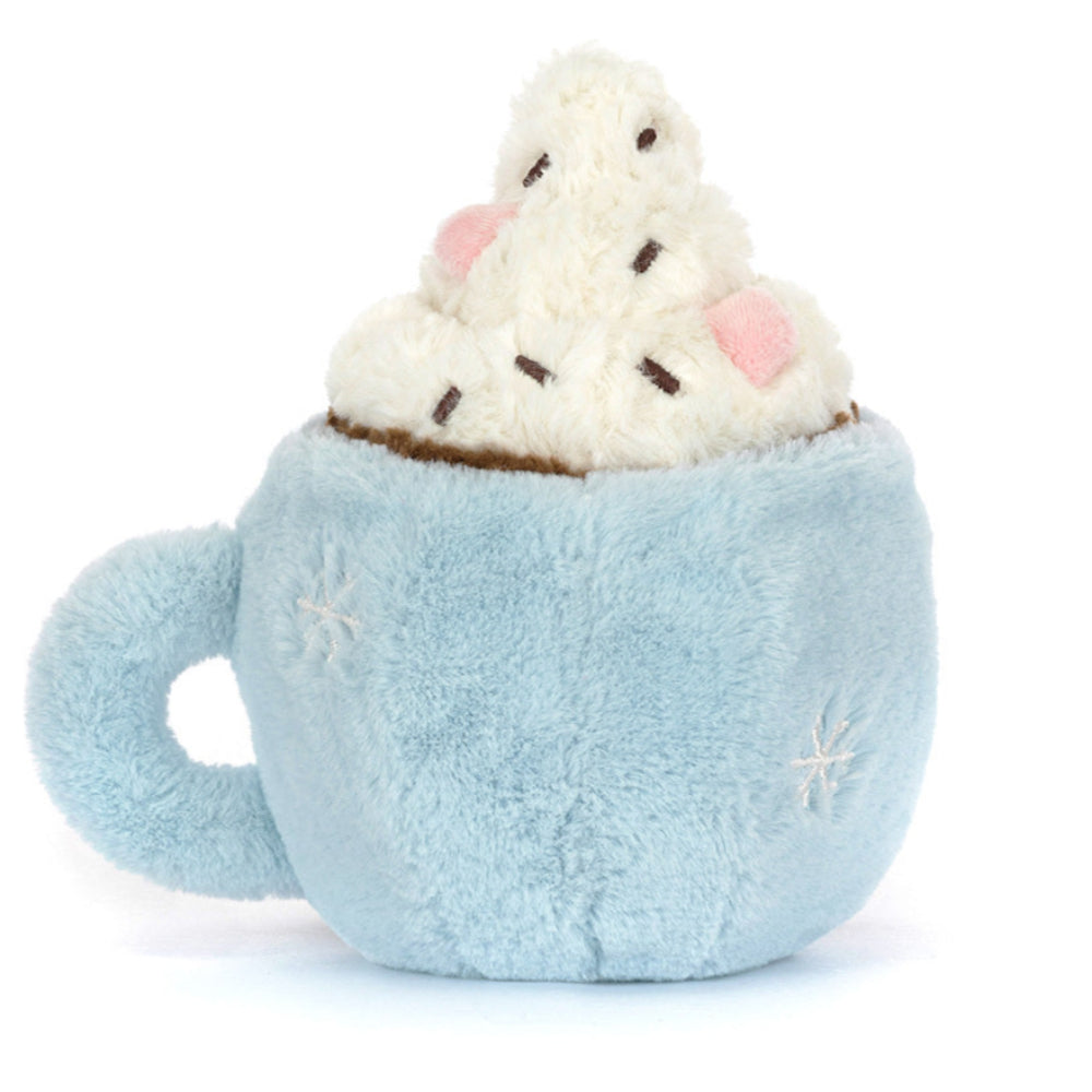 Jellycat Hot Chocolate with Marshmallow Topping | 6" sitting height | blue cup with embroidered snowflakes | white marshmallow top with sprinkles | back of cup