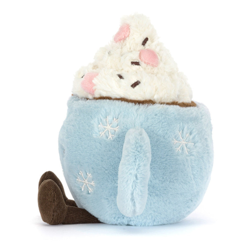 Jellycat Hot Chocolate with Marshmallow Topping | 6" sitting height | blue cup with embroidered snowflakes | white marshmallow top with sprinkles | side view
