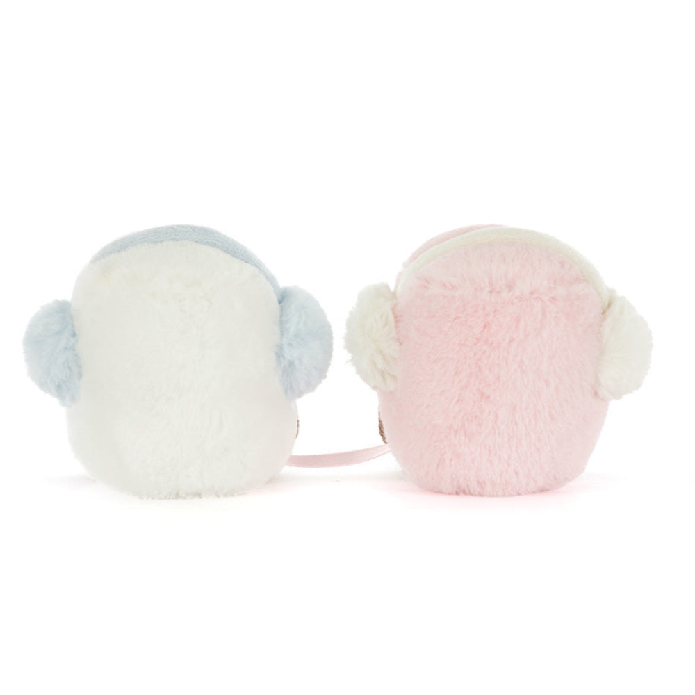 Two plush toys, one pink and one white, with brown feet. Back view