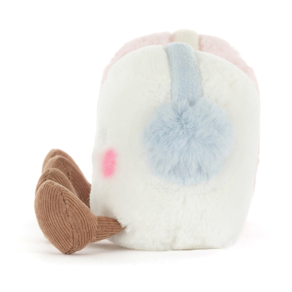 Two plush toys, one pink and one white, with brown feet. Side view