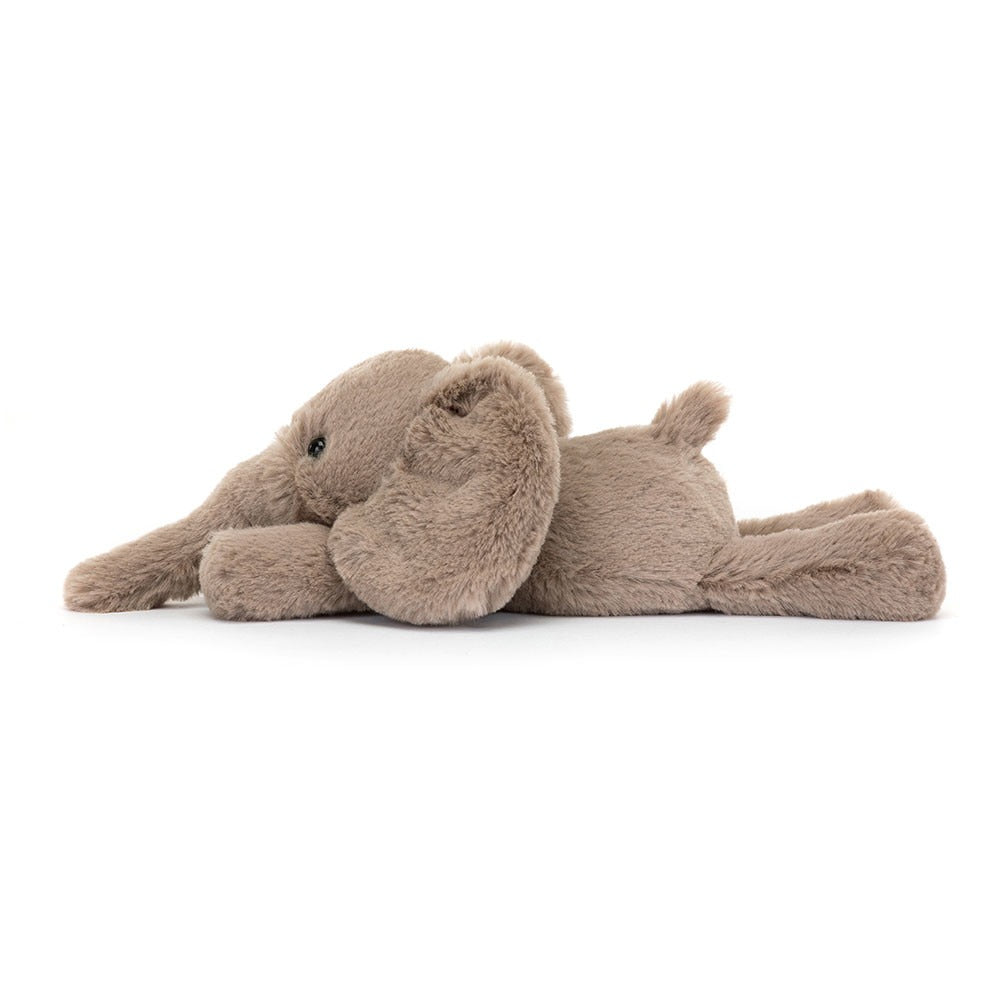 9" long Smudge Elephant | infant toy | sitting height 5" | light brown | super soft | hard eyes | side view