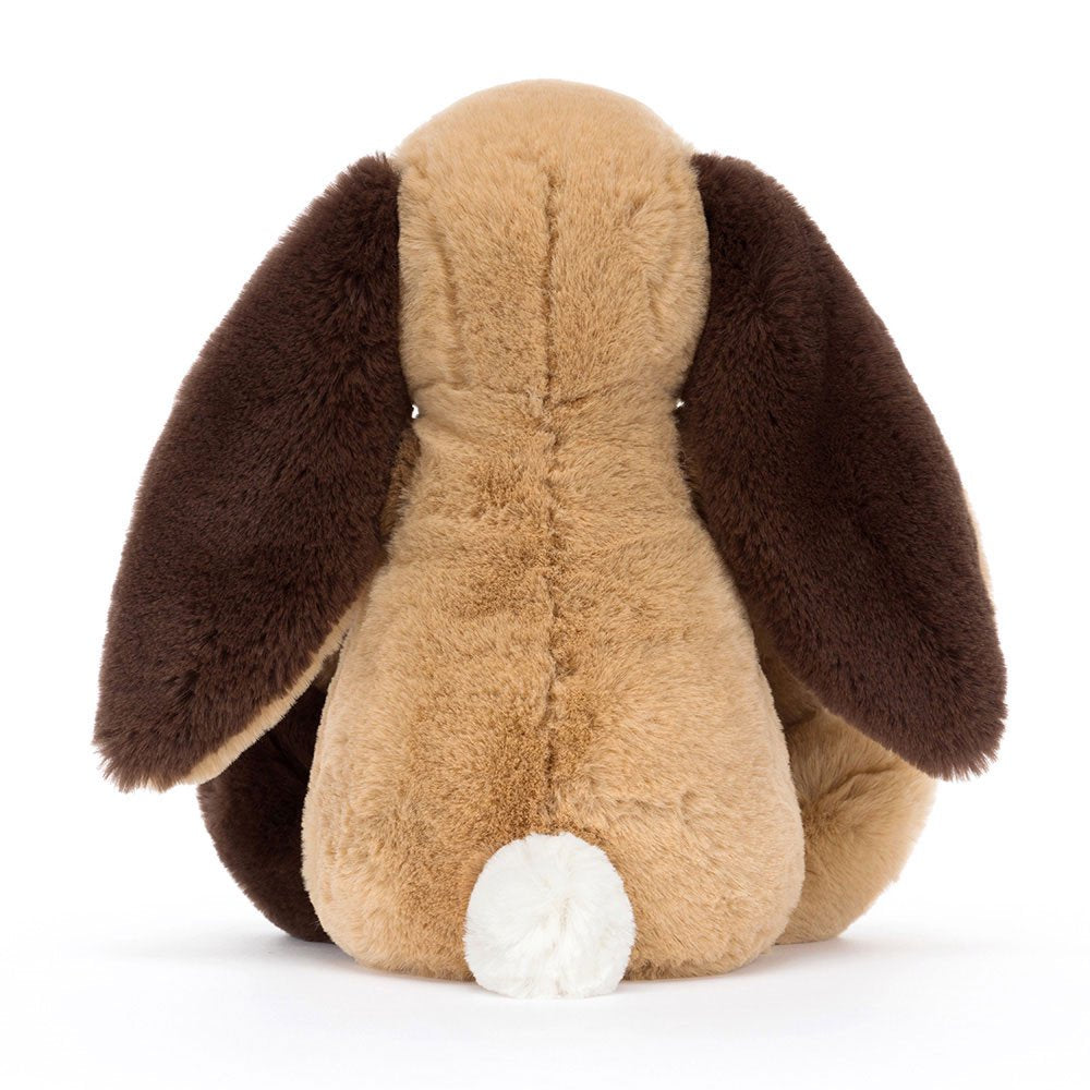 Jellycat Patchwork Bunny | Super long soft ears | Shades of brown | suedette Pink nose | cream tail | 12" long | sitting height 9" | back view