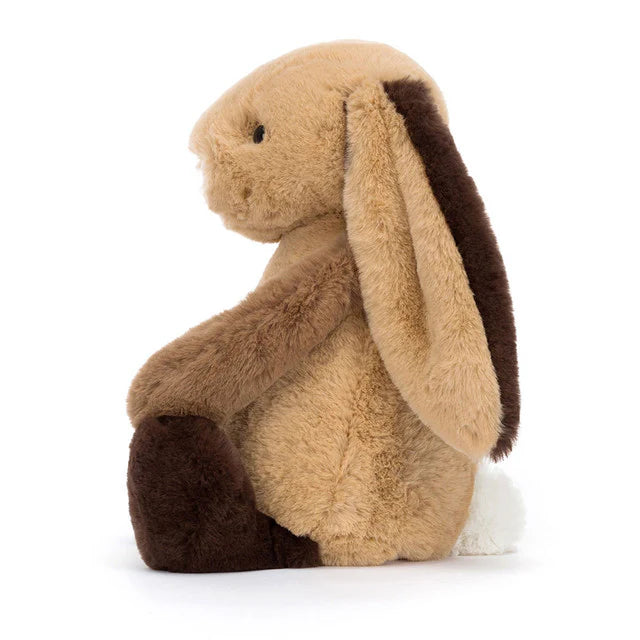 Jellycat Patchwork Bunny | Super long soft ears | Shades of brown | suedette Pink nose | cream tail | 12" long | sitting height 9" | side view