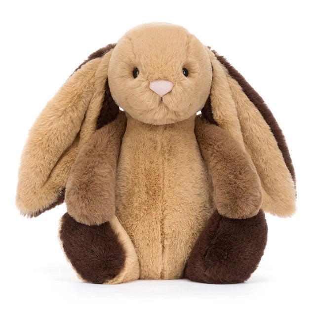 Jellycat Patchwork Bunny | Super long soft ears | Shades of brown | suedette Pink nose | cream tail | 12" long | sitting height 9"