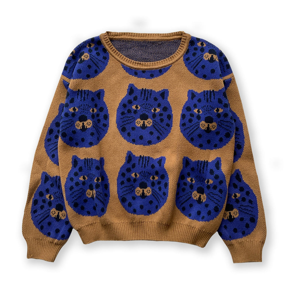 100% organic cotton sweater | jacquard knit | Brown with blue & black cat faces | Made in Argentina