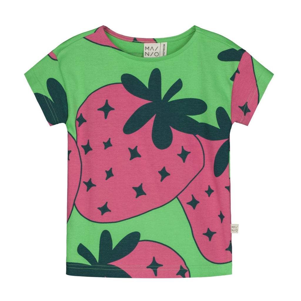 Giant strawberry print tee | shorter sleeve | open at waist | Bright green and strawberry red | kids size 2-10 yr