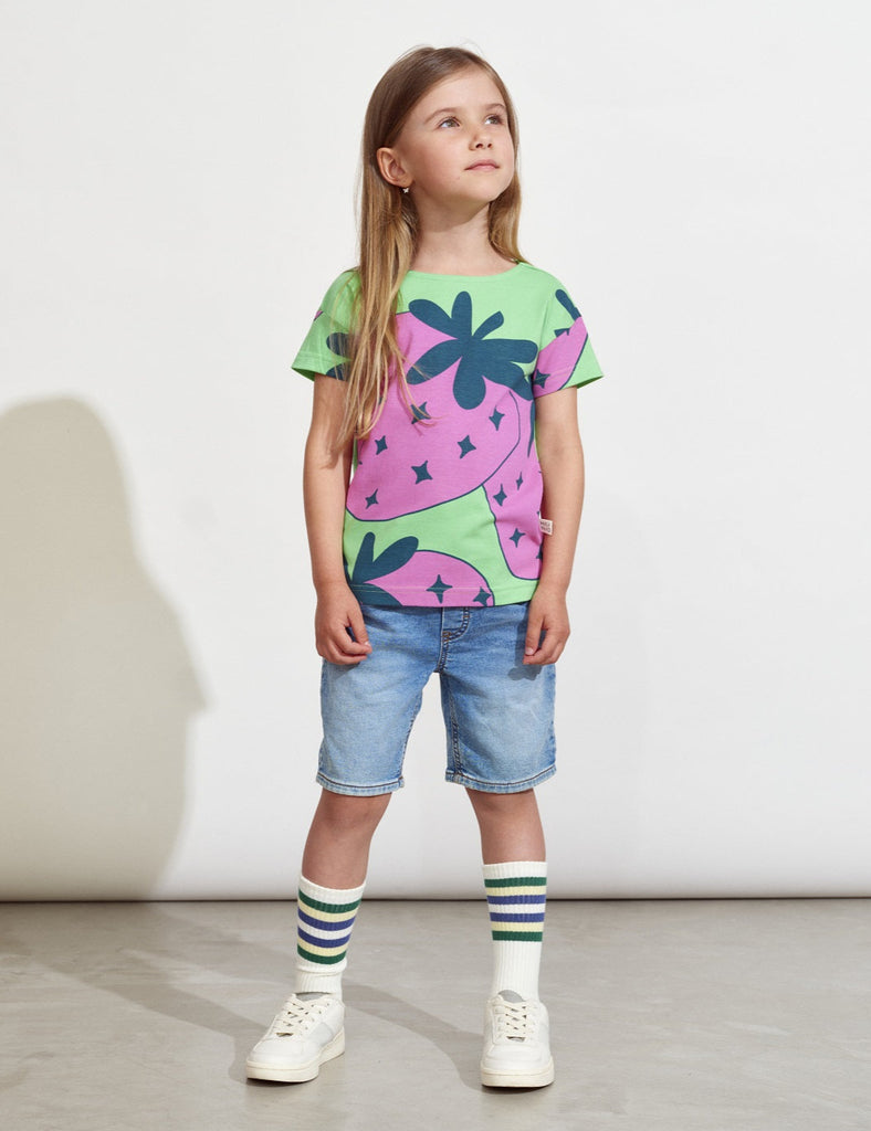 Giant strawberry print tee | shorter sleeve | open at waist | Bright green and strawberry red | kids size 2-10 yr