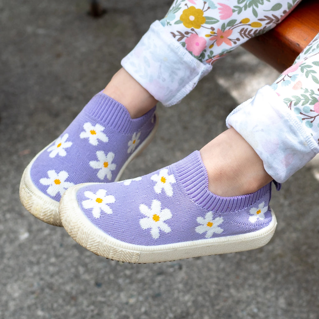 Jan & Jul Knit Pull-on Shoe | Lavender with Daisys | Toddler Shoe Size 5 thru 8
