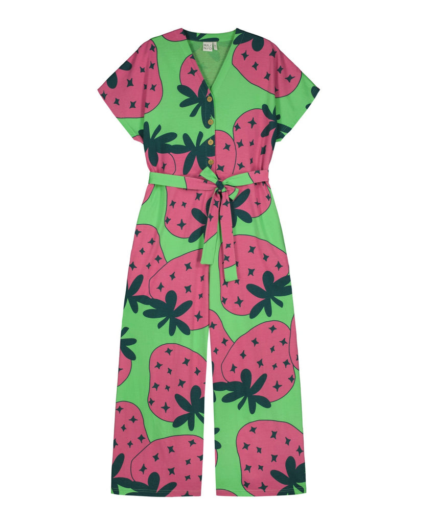 strawberry print adult jumpsuit | button front | short sleeves | pockets | oversized | front of suit