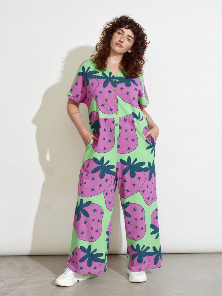 strawberry print adult jumpsuit | short sleeves | pockets | oversized