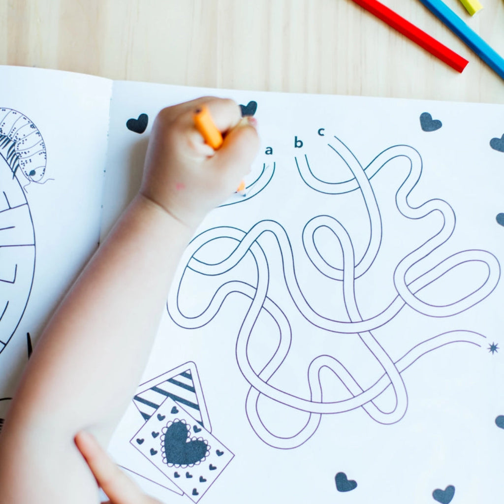 Over 100 mazes for kids to do | ages 4-8 years | 9"x 9" book | 120 pages | great for creativity and critical thinking | example